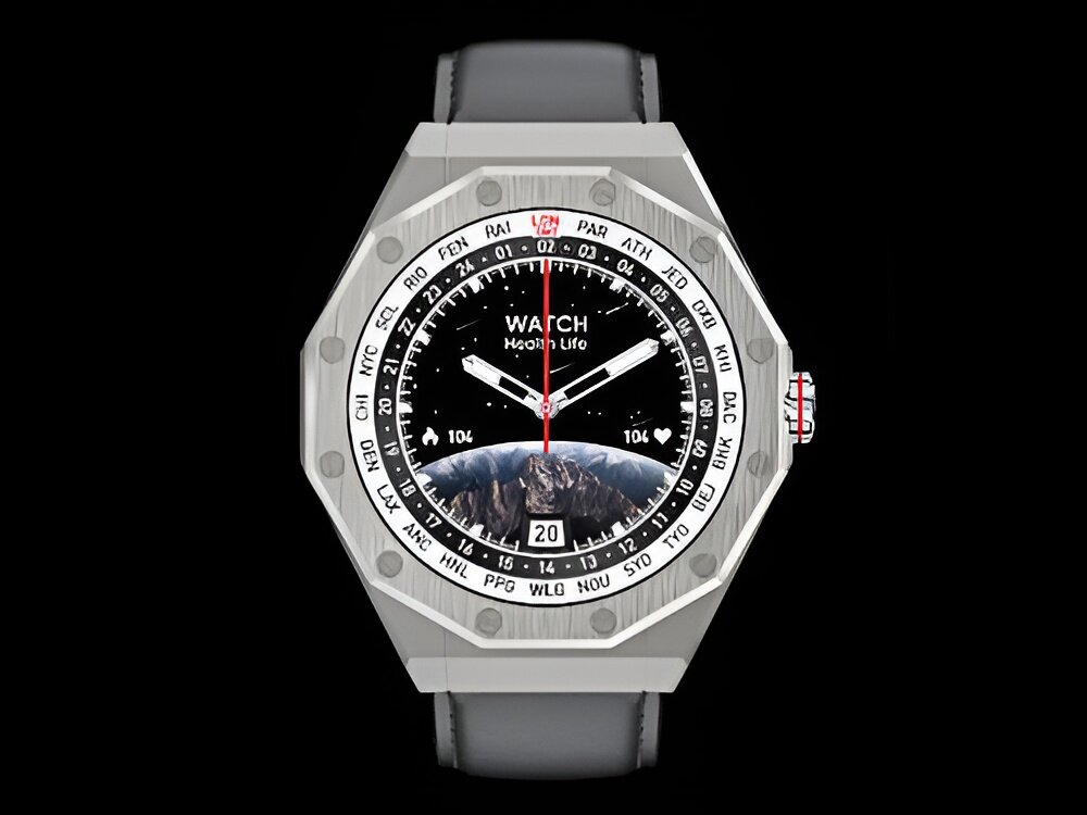 Srebrny smartwatch z czarnym wyświetlaczem, na którym widoczny jest napis \'WATCH Health Life\' oraz obraz Ziemi. Tarcza zegarka ma czerwony sekundnik i białe wskazówki godzinowe i minutowe.