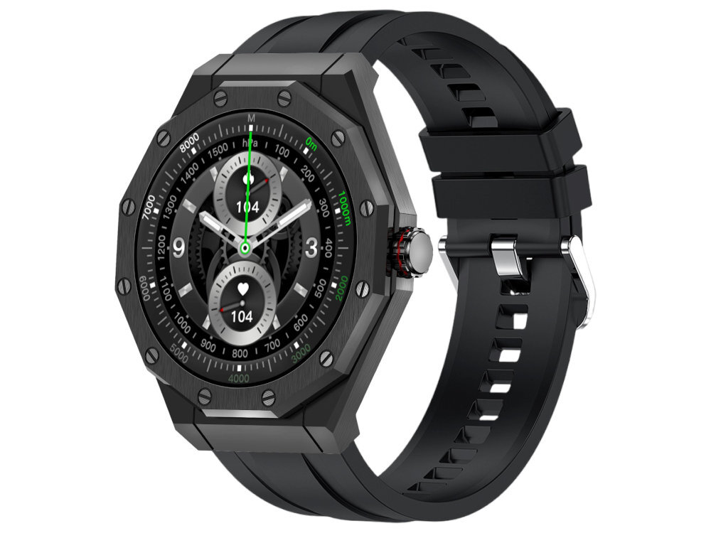 Smartwatch z czarnym, gumowym paskiem i srebrną kopertą o ośmiokątnym kształcie. Tarcza zegarka zawiera trzy mniejsze tarcze i zielone wskazówki, a wokół niej widoczne są liczby od 0 do 1000 oraz oznaczenie \'mm\'.