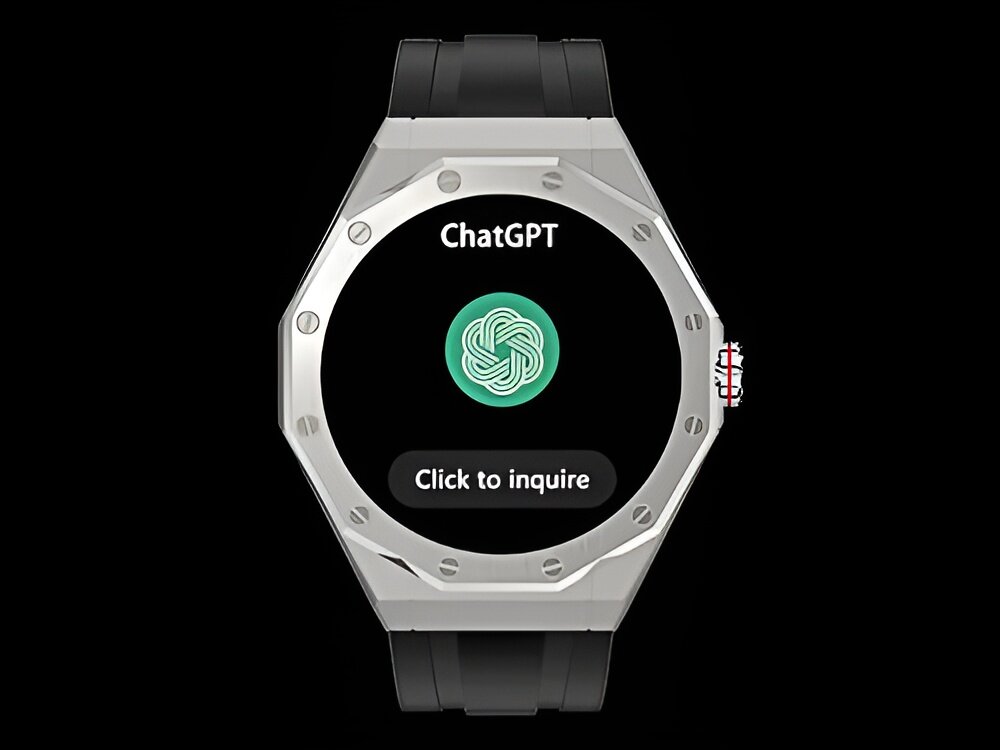 Smartwatch z czarnym paskiem i srebrną kopertą, na ekranie widoczny jest napis \'ChatGPT\' oraz przycisk z napisem \'Click to inquire\'.