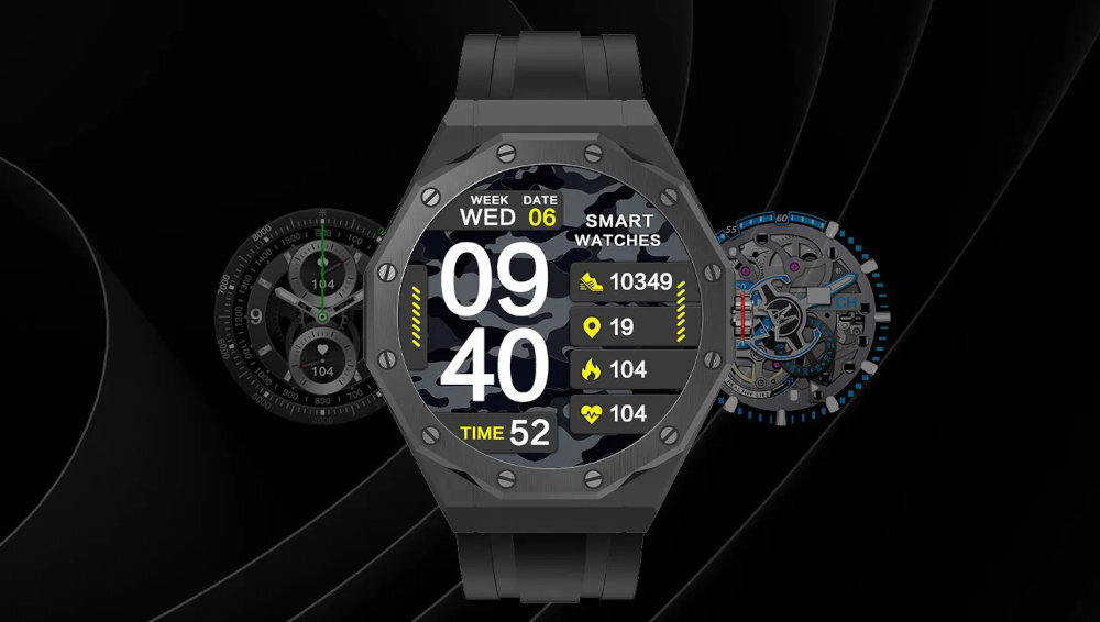 Smartwatch z okrągłym wyświetlaczem pokazuje godzinę 09:40 oraz dane: 10349 kroków, 19 pięter, 104 kalorie, 104 tętno. Na ekranie widoczne są także napisy: \'WEEK WED DATE 06 SMART WATCHES TIME 52\'.