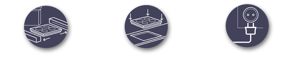 Grafika przedstawia trzy okrągłe ikony z instrukcjami montażu płyty indukcyjnej. Tekst: \'Rozpakuj płytę\', \'Wytnij otwór według dołączonego wzoru. Umieść płytę w otworze\', \'Za pomocą wtyczki podłącz do gniazdka\'.