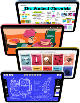 Cztery tablety z różnymi kolorowymi grafikami na ekranach, w tym magazyn, ilustracje i projekt robota. Tablety są ustawione jeden nad drugim, każdy z innym obrazem na wyświetlaczu.