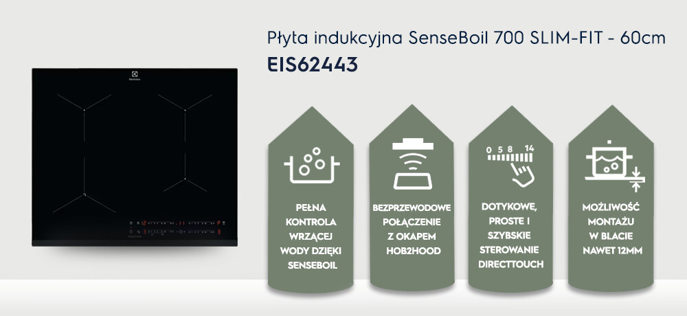 Obraz przedstawia płytę indukcyjną z czterema strefami grzewczymi oraz tekst: \'Płyta indukcyjna SenseBoil 700 SLIM-FIT - 60cm EIS62443\'. Obok znajdują się ikony z opisami funkcji: \'PEŁNA KONTROLA WRZĄCEJ WODY DZIĘKI SENSEBOIL\', \'BEZPRZEWODOWE POŁĄCZENIE Z OKAPEM HOB2HOOD\', \'DOTYKOWE, PROSTE I SZYBKIE STEROWANIE DIRECTTOUCH\', \'MOŻLIWOŚĆ MONTAŻU W BLACIE NAWET 12MM\'.