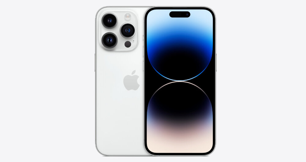 Na obrazie widoczny jest srebrny smartfon z trzema aparatami z tyłu i ekranem wyświetlającym gradient od czerni do niebieskiego. Na obudowie znajduje się logo w kształcie nadgryzionego jabłka.