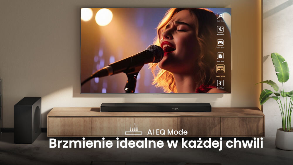 Soundbar HISENSE AX5140Q AI EQ Mode czystość dźwięku immersja, telewizor zawieszony na ścianie, soundbar stojący na komodzie pod telewizorem