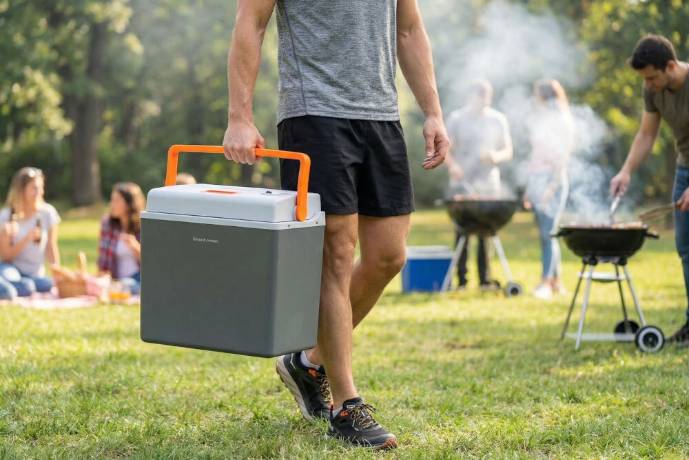 Osoba trzyma przenośną lodówkę z pomarańczową rączką, na której widnieje napis \'Götze & Jensen\'. W tle widoczne są osoby przy grillu na trawie.
