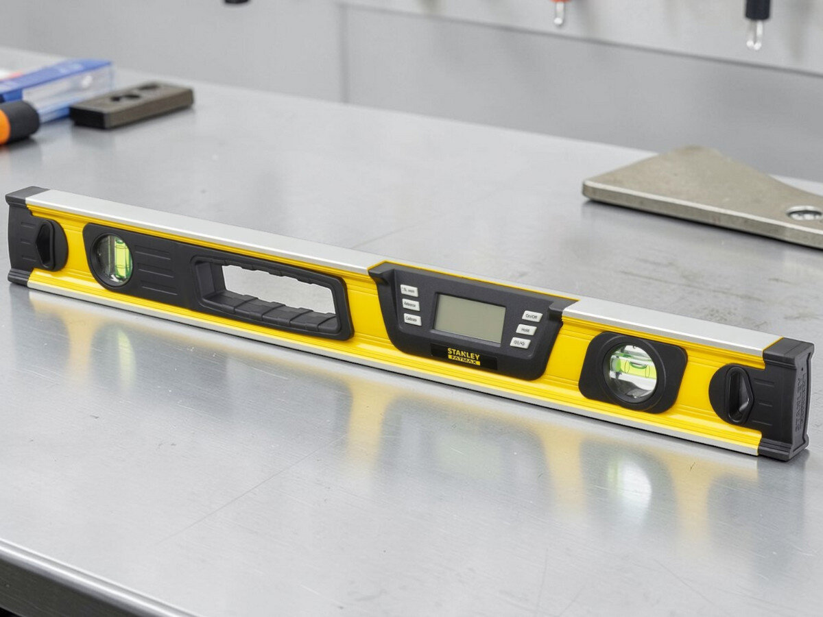 Poziomica elektroniczna STANLEY Fatmax 0-42-065, obudowa, aluminium, ochrona, budowa, poziomica w pełnej odsłonie stoi poziomo na blacie kamiennym