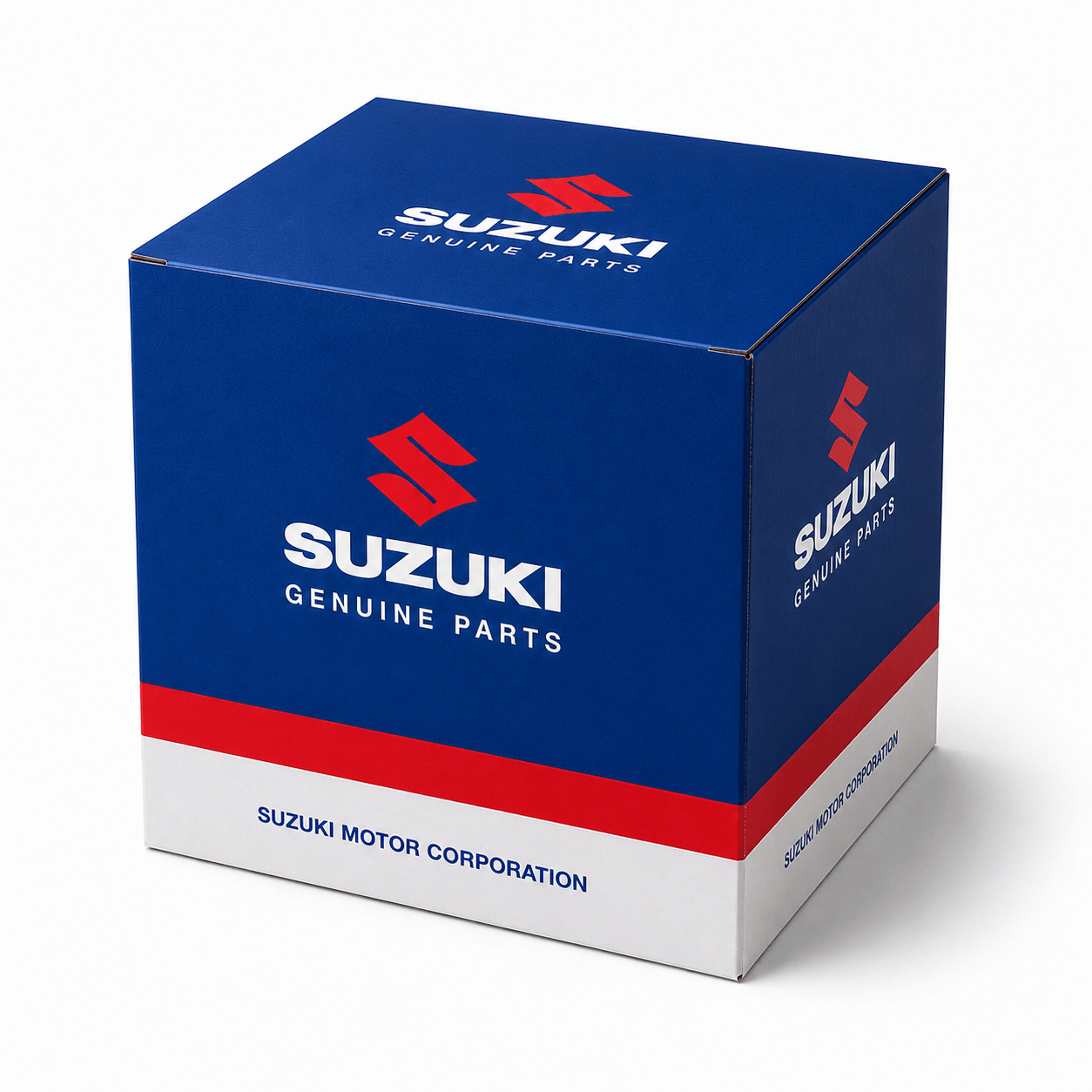Niebieskie pudełko z białym napisem \'SUZUKI GENUINE PARTS\' oraz czerwonym logo Suzuki. Na dolnej części pudełka widnieje napis \'SUZUKI MOTOR CORPORATION\'.