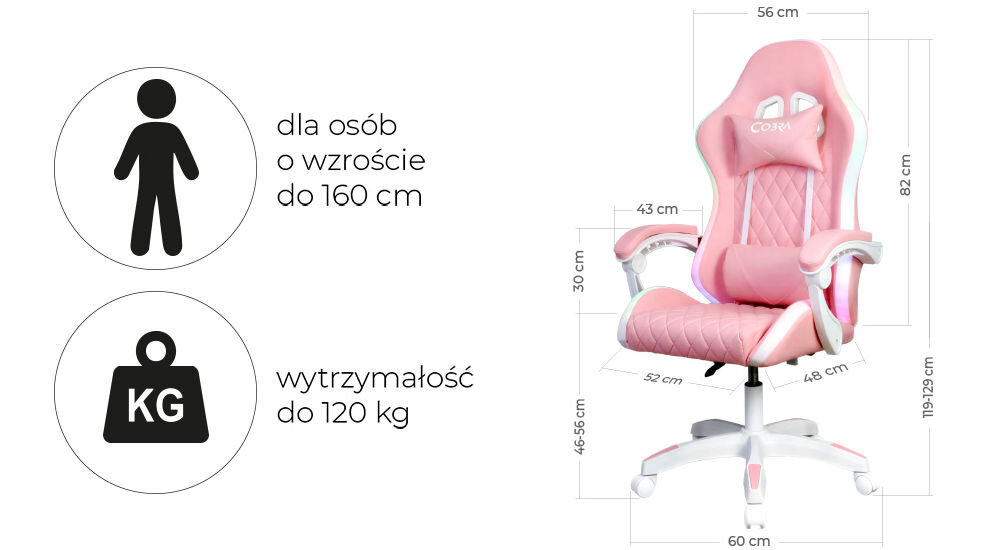 Różowy fotel gamingowy z białymi elementami, z napisem \'COBRA\' na zagłówku, posiada wymiary podane na obrazku. Obok znajdują się ikony z tekstem: \'dla osób o wzroście do 160 cm\' oraz \'wytrzymałość do 120 kg\'.