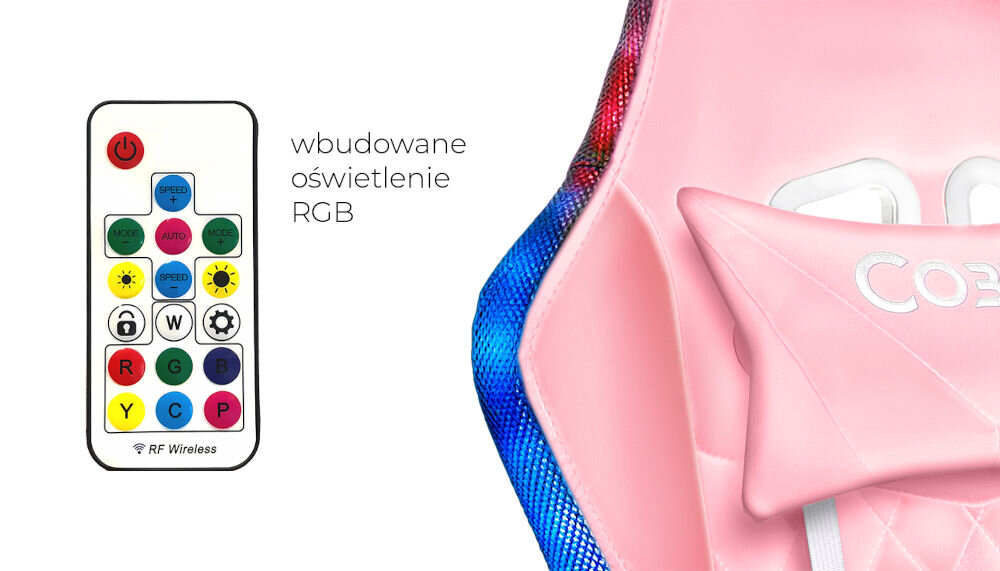 Obraz przedstawia różowy fotel gamingowy z widocznym napisem \'COB\'. Obok znajduje się pilot z przyciskami i tekstem \'wbudowane oświetlenie RGB\'.