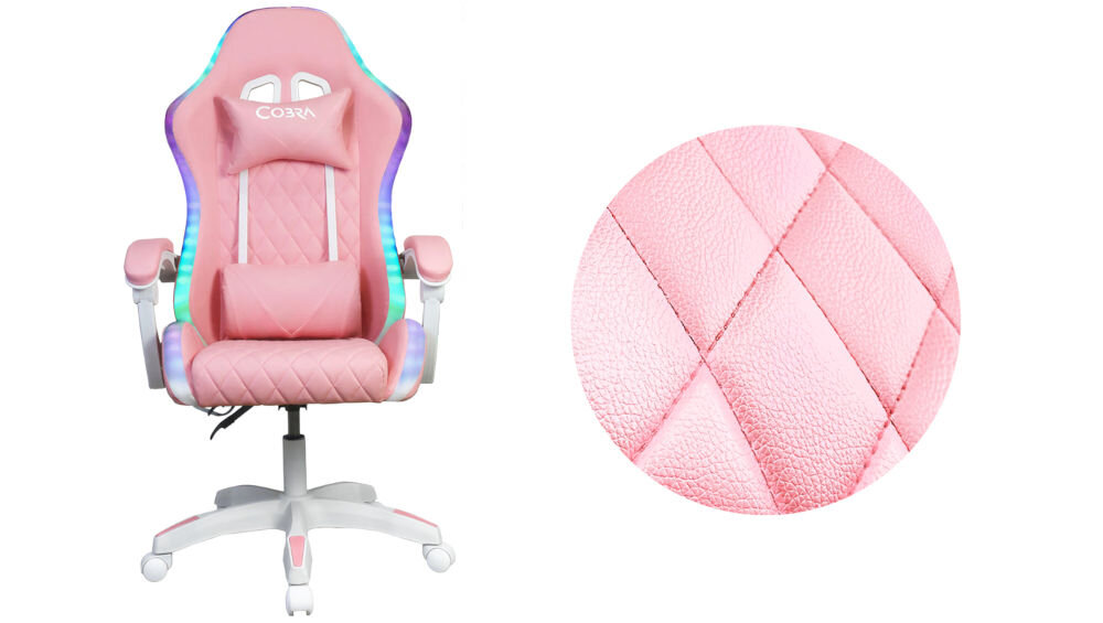 Różowy fotel gamingowy z napisem \'COBRA\' na zagłówku, posiada podświetlenie RGB i wbudowane głośniki. Obok znajduje się zbliżenie na teksturę materiału w kolorze różowym z przeszyciami w kształcie rombów.