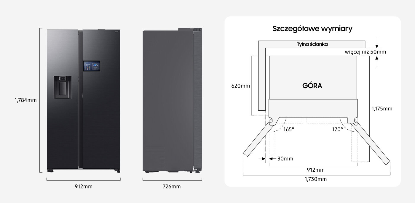 wymiary lodówki Samsung rs90f64eefeo Obraz przedstawia lodówkę w kolorze grafitowej stali z wymiarami: wysokość 1784 mm, szerokość 912 mm, głębokość 726 mm. Obok znajduje się schemat z napisem \'Szczegółowe wymiary\' pokazujący wymiary i kąty otwarcia drzwi.