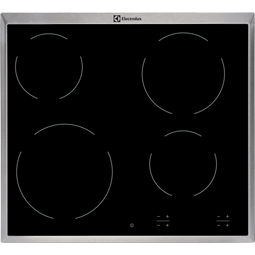 Czarna płyta ceramiczna z czterema okrągłymi polami grzewczymi i panelem dotykowym. Na górnej krawędzi widoczne jest logo Electrolux.