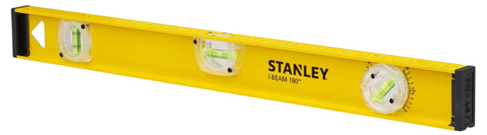 Poziomnica ręczna STANLEY I-Beam 1-42-920, poziom, pion, libella, pomiar, Żółta poziomica aluminiowa Stanley I-Beam, widok pod kątem na białym tle.