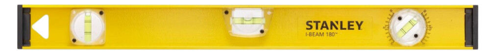 Poziomnica ręczna STANLEY I-Beam 1-42-920, ochrona, amortyzacja, profil, praca, Poziomica Stanley I-Beam z trzema libellami, widok z profilu na żółtą obudowę i logo.