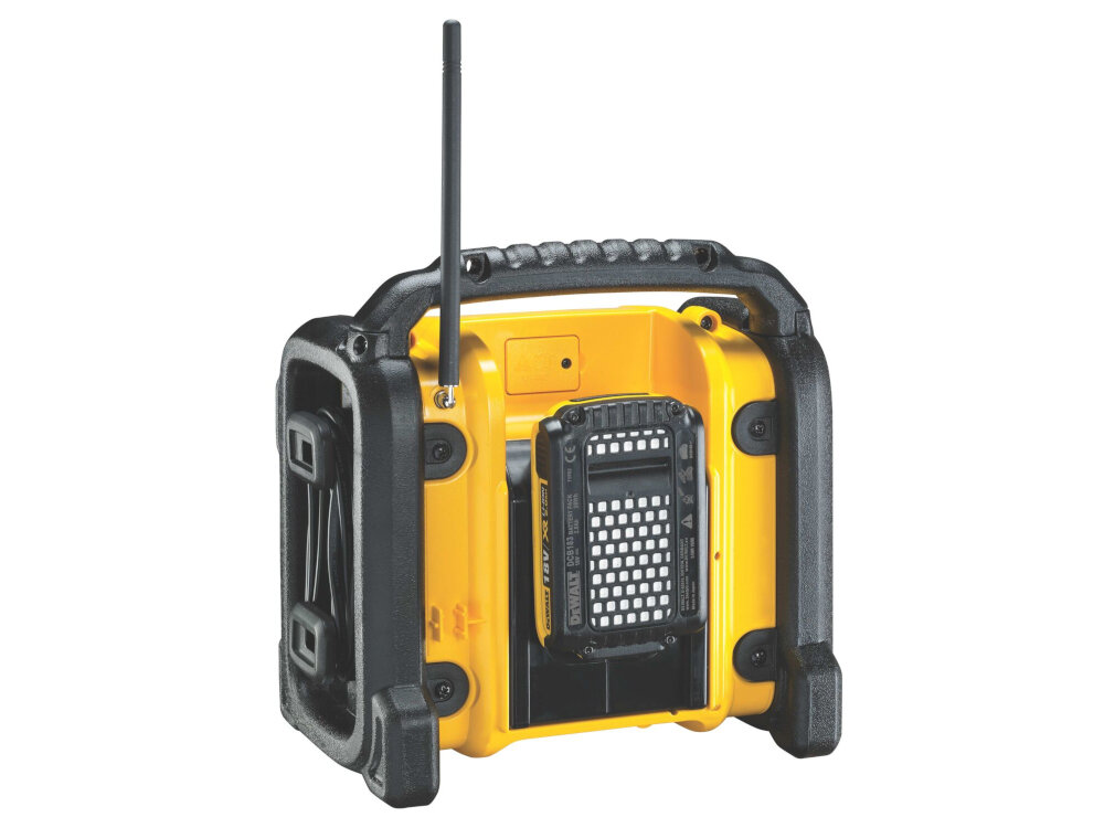 Radio budowlane DEWALT DCR019 klatka zabezpieczajaca akumulator ochrona przed uderzeniami i upadkami odpornosc na uszkodzenia
