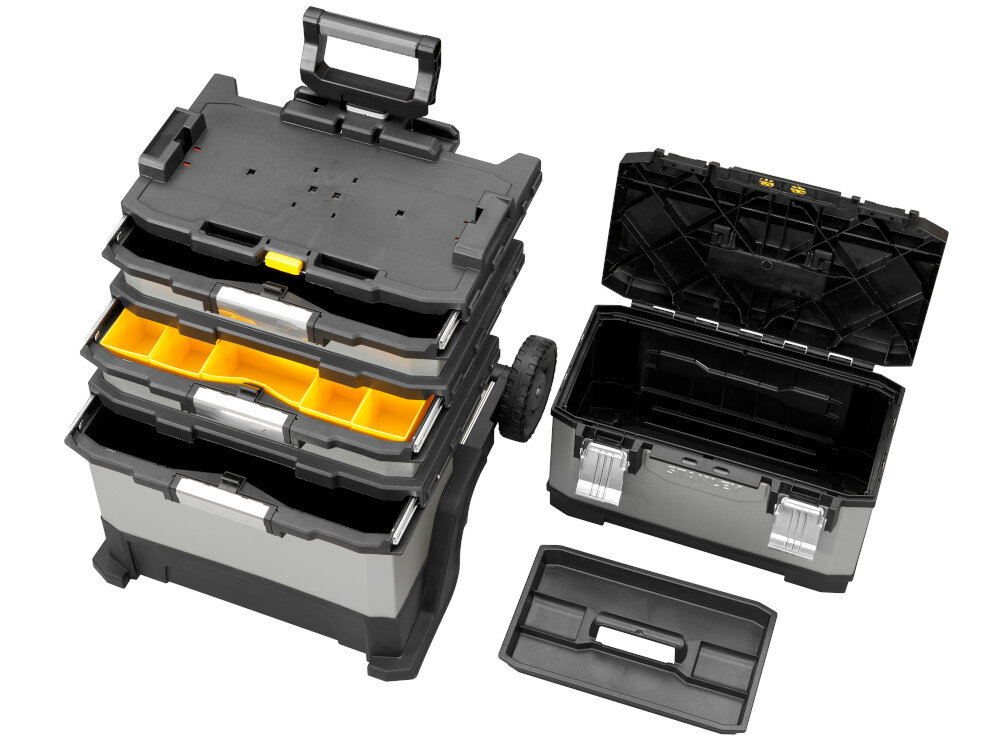 Skrzynka narzędziowa STANLEY FatMax 1-95-622 zestaw na białym tle w zestawie cztery oddzielne moduły tacka 11 pojemników dokumentacja