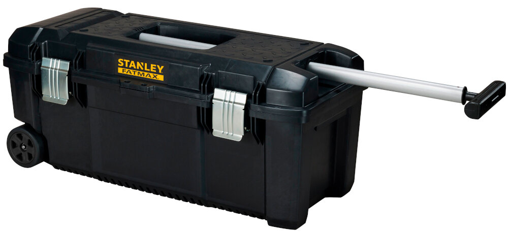 Skrzynka narzędziowa STANLEY FMST1-75761 skrzynka z wyciągniętym uchwytem na białym tle solidne powlekane gumą koła płynne i ciche przemieszczanie wysuwany uchwyt pewny chwyt i łatwe manewrowanie