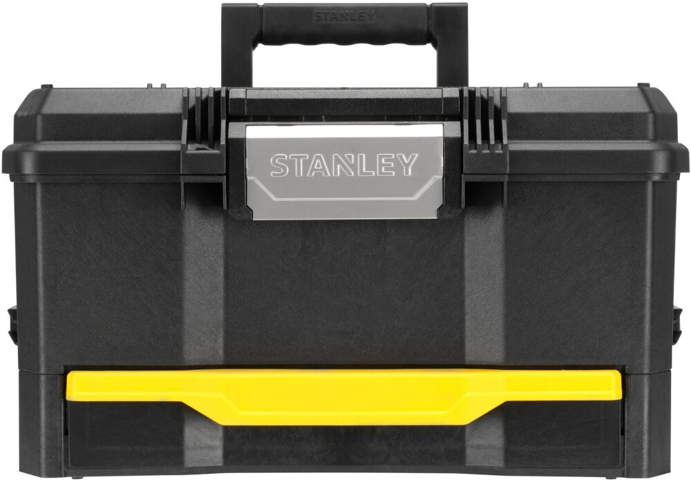 Skrzynia narzędziowa STANLEY ONE TOUCHT LATCCH 19 Z szufladą skrzynia na białym tle widoczna od przodu praktyczny gadżet uporządkować narzędzia akcesoria i drobne elementy montażowe efektywność codziennej pracy