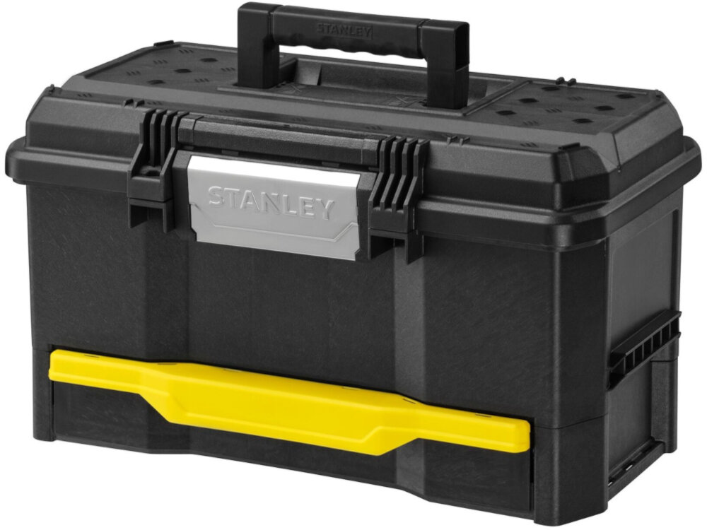 Skrzynia narzędziowa STANLEY ONE TOUCHT LATCCH 19 Z szufladą skrzynia na białym tle widoczna od przodu pod skosem wymiary 460 × 290 × 240 mm waga 3 kg duża pojemność i wytrzymałość