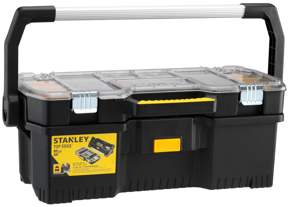 Skrzynka narzędziowa STANLEY 1-97-514 skrzynka na białym tle widoczna od przodu pod skosem wymiary 670 × 565 × 225 mm duża pojemność wytrzymałość
