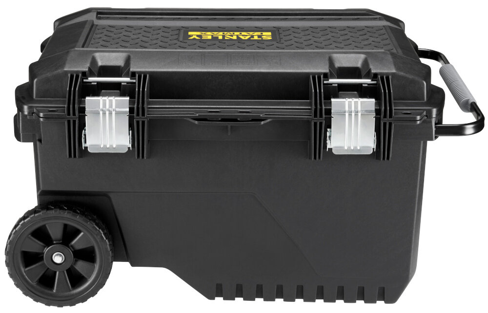 Skrzynka narzędziowa STANLEY FMST1-73601 zamknięta skrzynka na białym tle widoczna z boku obudowa z tworzywa sztucznego odporna na uszkodzenia mechaniczne i działanie czynników zewnętrznych metalowe zatrzaski i zawiasy udźwig do 50 kg