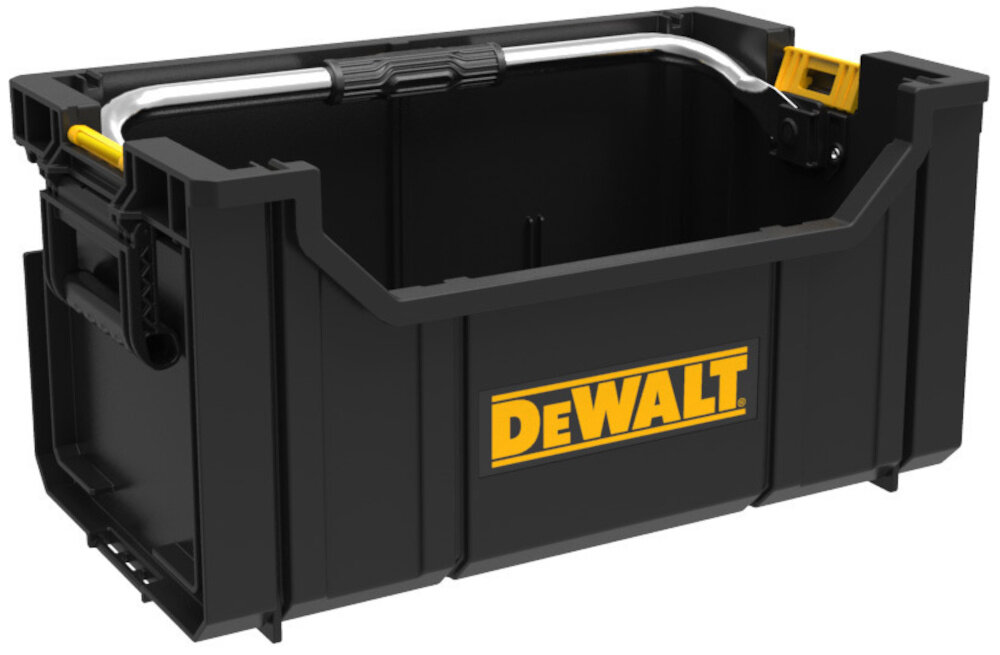 Skrzynka narzędziowa DEWALT DWST1-75654 białe tło skrzynka widoczna od przodu pod skosem udźwig do 20 kg na drobne akcesoria i większe elektronarzędzia duże wnętrze utrzymanie porządku