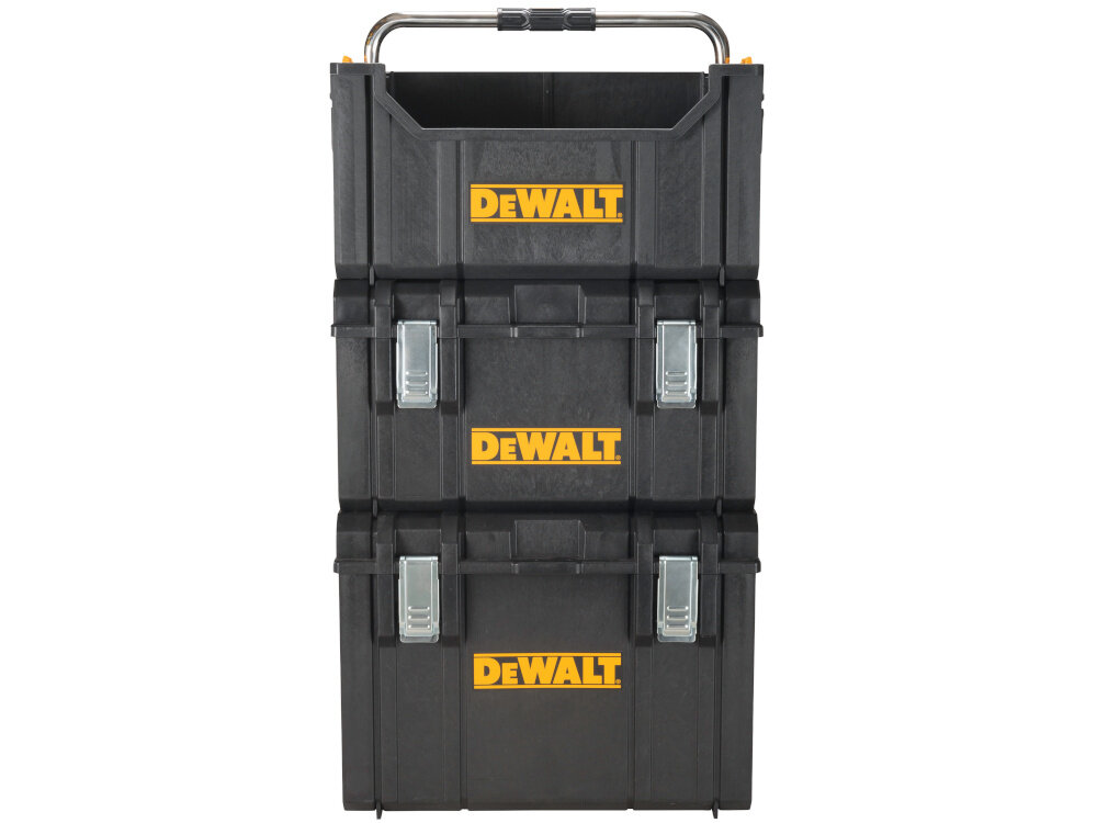 Skrzynka narzędziowa DEWALT DWST1-75654 białe tło trzy skrzynki ustawione jedna na drugiej specjalne zaczepy łączenie skrzyni z innymi elementami systemu TOUGHSYSTEM modułowa konstrukcja ułatwia transport narzędzi prządek