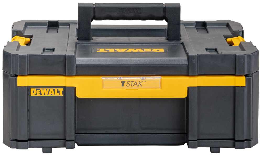 Skrzynka narzędziowa DEWALT TSTAK III DWST1-70705 zamknięta skrzynka na białym tle widoczna od przodu duża rękojeść z wysokiej jakości tworzywa sztucznego stabilny chwyt i komfort przenoszenia ergonomiczny kształt pewnie leży w dłoni nie ślizga się waga około 3,5 kg