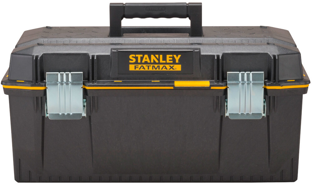 Skrzynka narzędziowa STANLEY 1-92-935 skrzynia na białym tle widoczna od przodu obudowa z tworzywa sztucznego odporna na uszkodzenia mechaniczne i działanie czynników zewnętrznych metalowe zatrzask i zawiasy trwałość pewne zamykanie udźwig do 40 kg