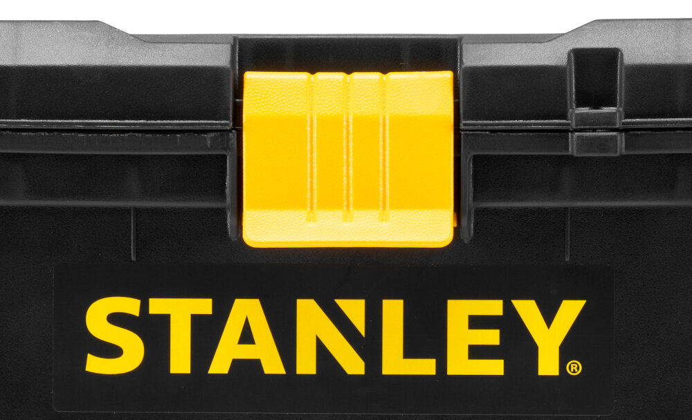 Skrzynka narzędziowa STANLEY STST1-75514 zbliżenie na zamek solidny zamek z tworzywa sztucznego bezpieczne przechowywanie narzędzi i akcesoriów ochrona zawartość przed przypadkowym otwarciem trwałość