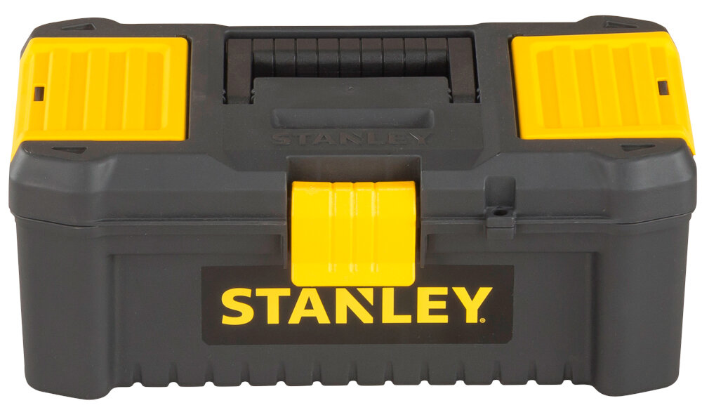 Skrzynka narzędziowa STANLEY STST1-75514 skrzynia na białym tle widoczna od przodu obudowa z tworzywa sztucznego odporna na uszkodzenia mechaniczne i działanie czynników zewnętrznych mocne zatrzask zawiasy z wysokiej jakości tworzywa sztucznego trwałość pewne zamykanie udźwig do 4 kg