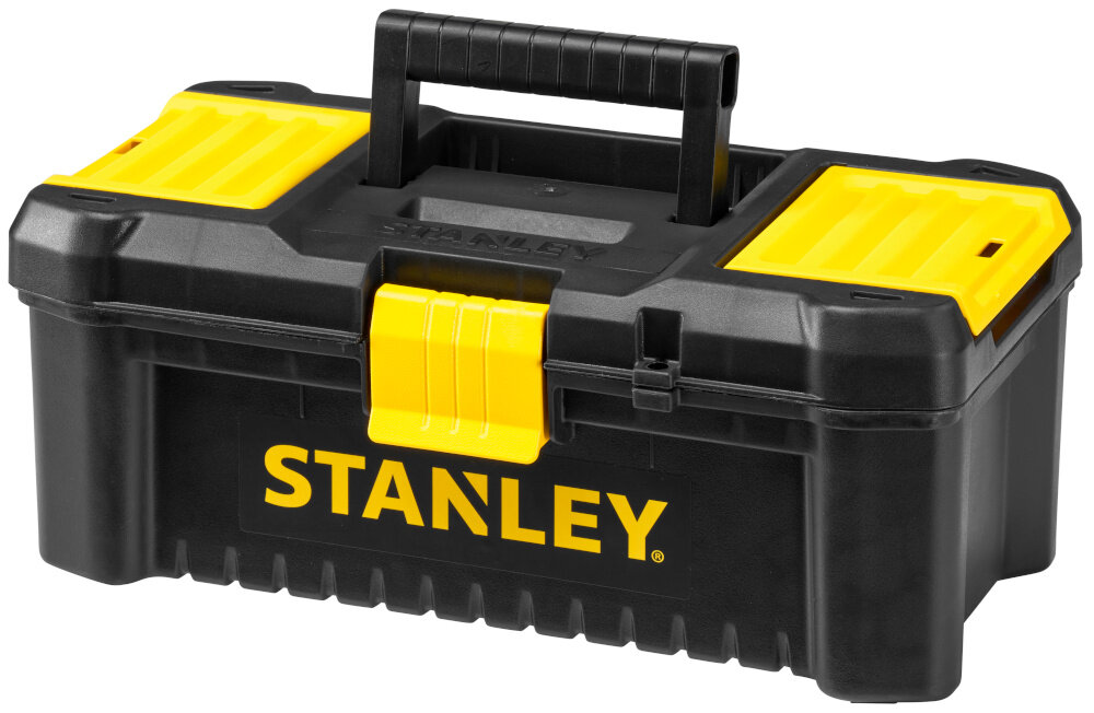 Skrzynka narzędziowa STANLEY STST1-75514 skrzynka na białym tle widoczna od przodu pod skosem duża rękojeść z wysokiej jakości tworzywa sztucznego stabilny chwyt komfort przenoszenia ergonomiczny kształt pewnie leży w dłoni nie ślizga się w czasie transportu