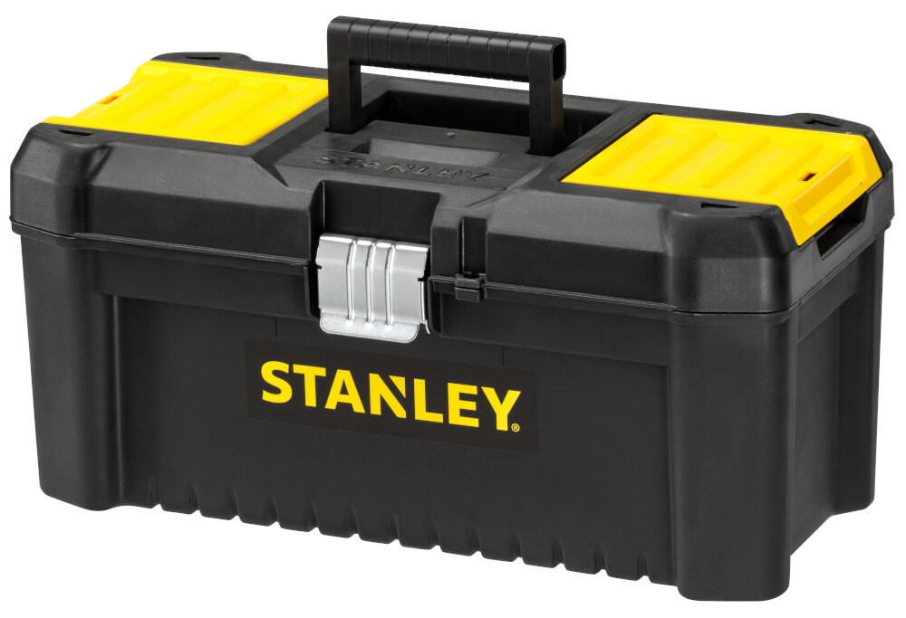 Skrzynka narzędziowa STANLEY STST1-75518 skrzynka na białym tle widoczna od przodu pod skosem obudowa z tworzywa sztucznego odporna na uszkodzenia mechaniczne i działanie czynników zewnętrznych metalowe zatrzaski zawiasy z wysokiej jakości tworzywa sztucznego trwałość pewne zamykanie udźwig do 6 kg