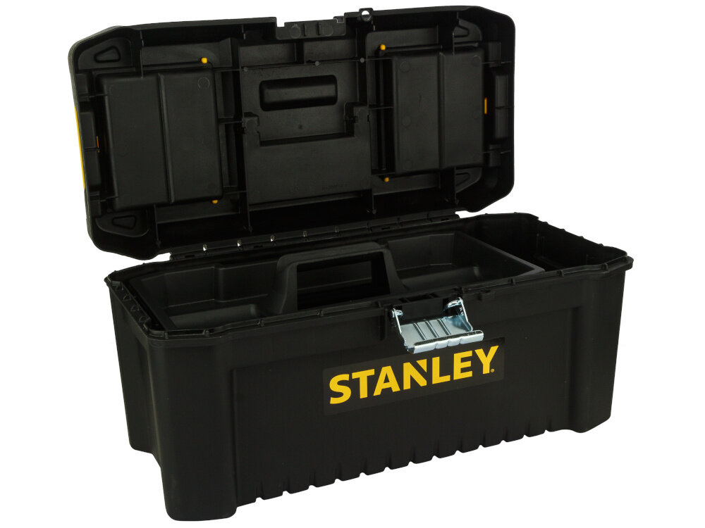 Skrzynka narzędziowa STANLEY STST1-75518 otwarta skrzynia na białym tle widoczna od przodu pod skosem uchwyt wymiary 410 × 200 × 195 mm waga 0,53 kg duża pojemność wytrzymałość