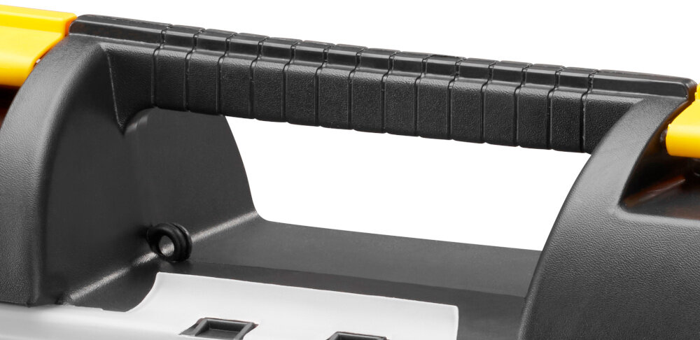 Skrzynia na narzędzia STANLEY 1-92-734 zbliżenie na uchwyt waga 1 kg ergonomiczny uchwyt typu Bi-Materiał komfort przenoszenia stabilny wygodny chwyt