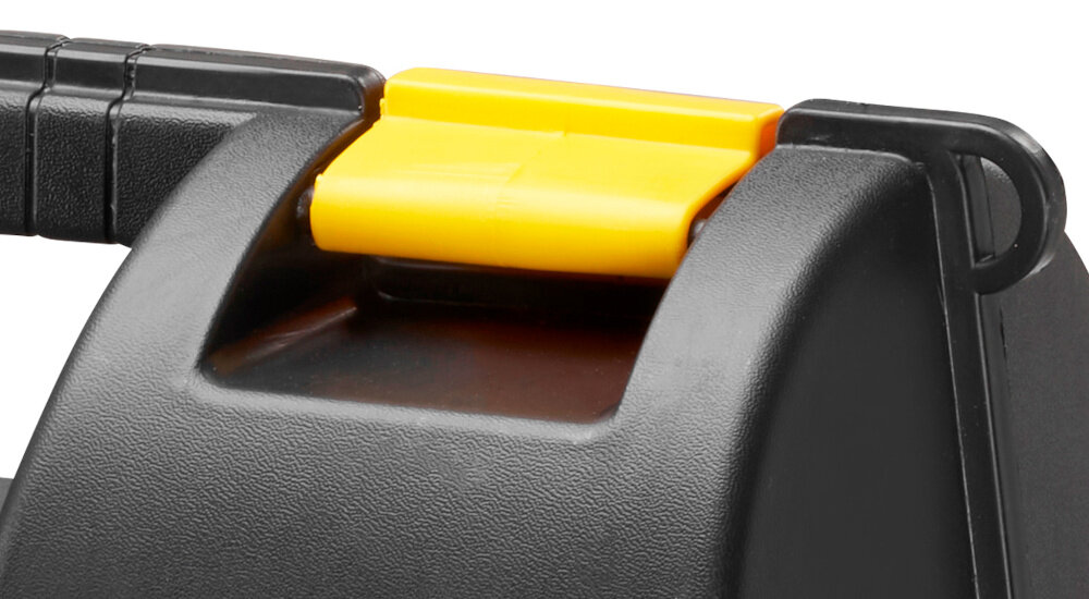 Skrzynia na narzędzia STANLEY 1-92-734 zbliżenie na zatrzask z wytrzymałego tworzywa sztucznego odporność na uszkodzenia mechaniczne plastikowe zawiasy i zatrzask stabilne zamknięcie ochrona przed przypadkowym wysypaniem