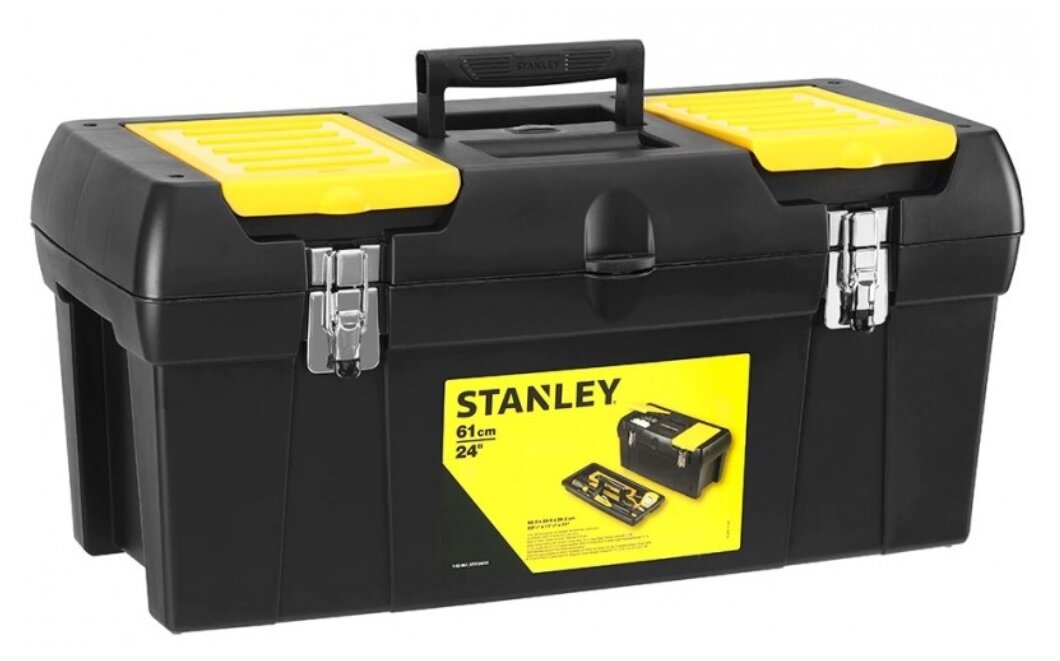 Skrzynka narzędziowa STANLEY Seria 2000 24 cale skrzynia na białym tle widoczna od przodu pod skosem podniesiony uchwyt wymiary 610 × 270 × 284 mm waga 2,3 kg duża pojemność wytrzymałość