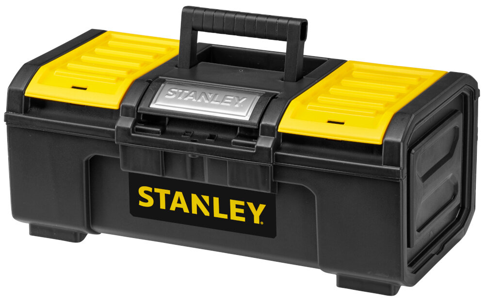 Skrzynka narzędziowa STANLEY Basic 1-79-216 skrzynka na białym tle widoczna od przodu pod skosem obudowa z tworzywa sztucznego odporna na uszkodzenia mechaniczne i działanie czynników zewnętrznych metalowe zatrzaski zawiasy z wysokiej jakości tworzywa sztucznego trwałość pewne zamykanie udźwig do 16 kg