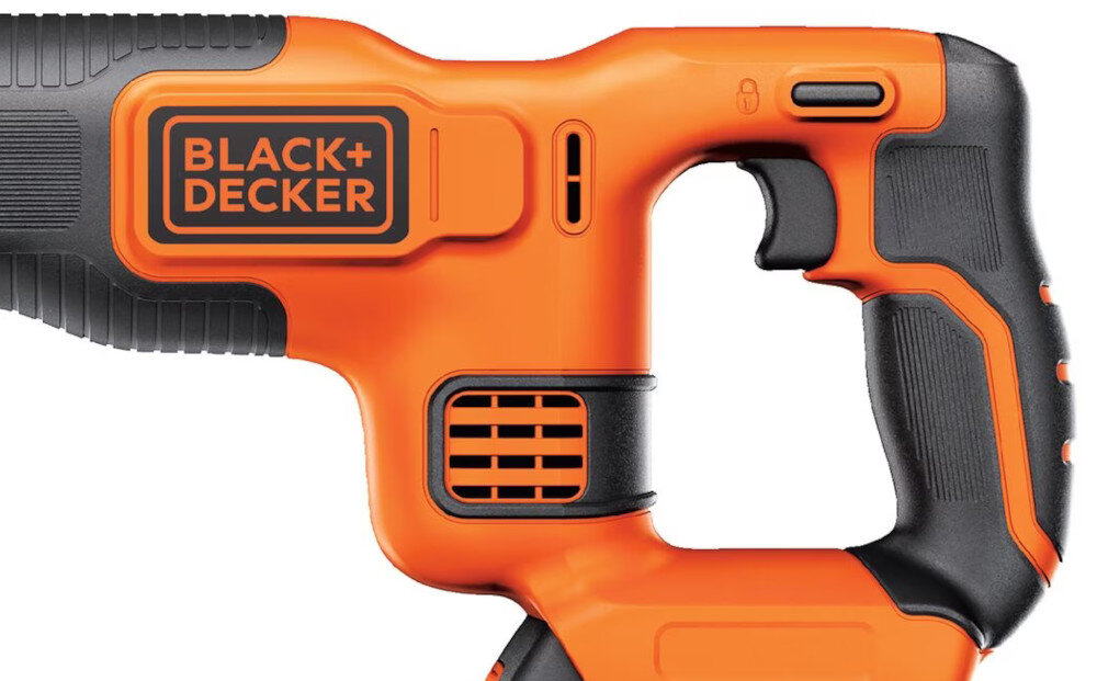Piła szablasta BLACK & DECKER BDCR18-QW praca w zgodzie z rygorystycznymi zasadami ergonomii wyprofilowana rękojeść pokryta antypoślizgowym tworzywem