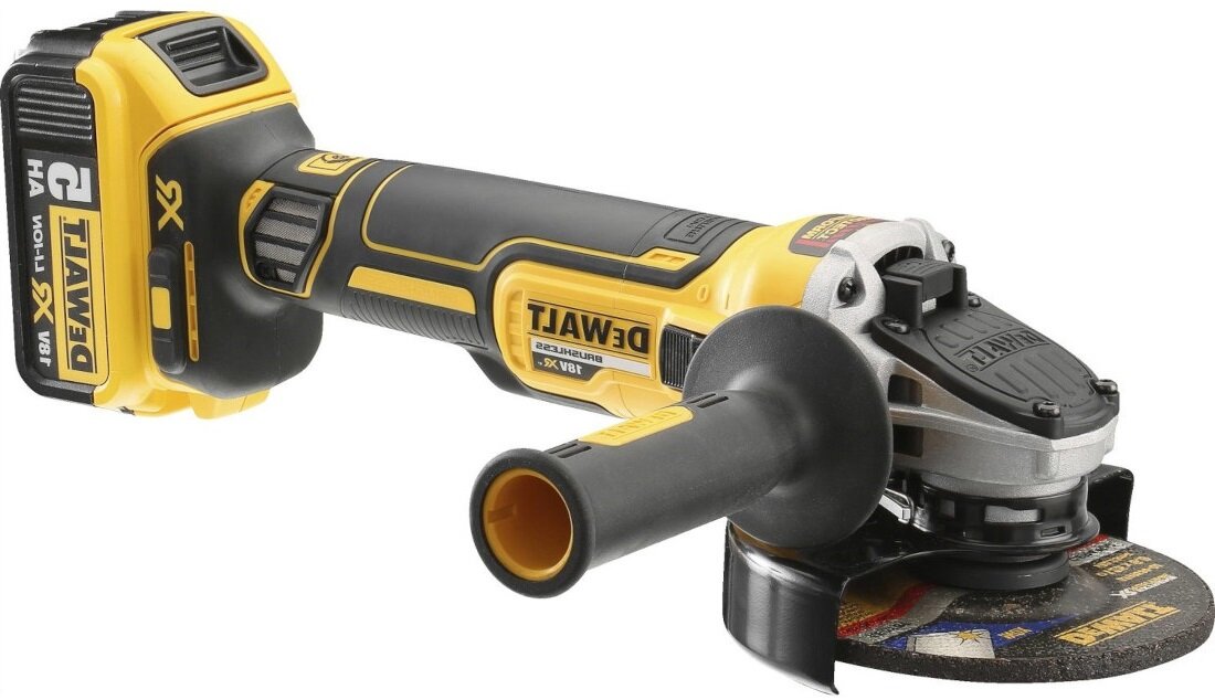 Szlifierka katowa DEWALT DCG405P2 gumowe chwyty komfort wygoda dwupozycyjna rekojesc boczna