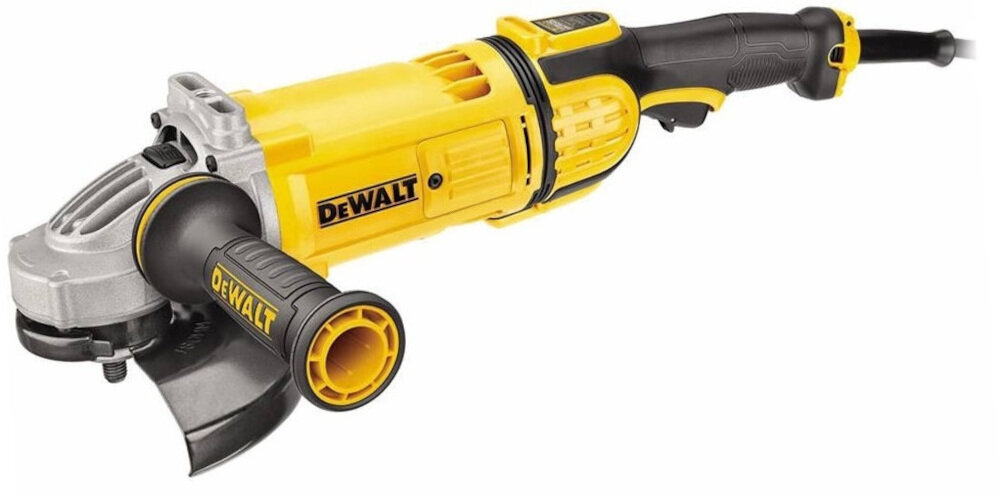 Szlifierka kątowa DEWALT DWE4559 ergonomiczna rękojeśc pokryta tworzywa sztucznym antywibracyjna wielopozycyjna rękojeść boczna