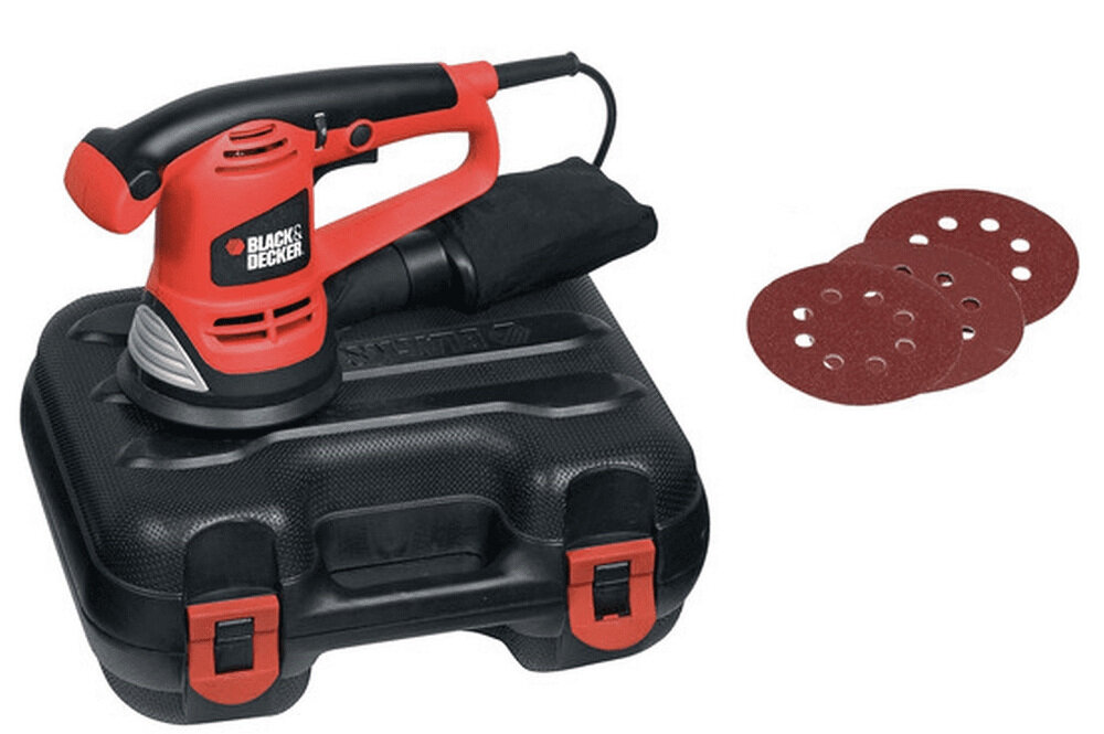 Szlifierka mimośrodowa BLACK&DECKER KA191EK w zestawie instrukcja obsługi w języku polskim karta gwarancyjna 3 arkusze papieru ściernego walizka worek na pył