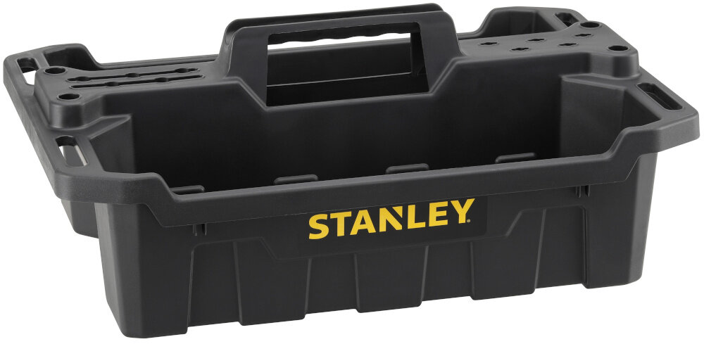 Taca narzędziowa STANLEY STST1-72359 taca na białym tle widoczna od przodu pod skosem pionowe szczeliny w konstrukcji z wytrzymałych materiałów sztucznych trwałość odporność na intensywne użytkowanie