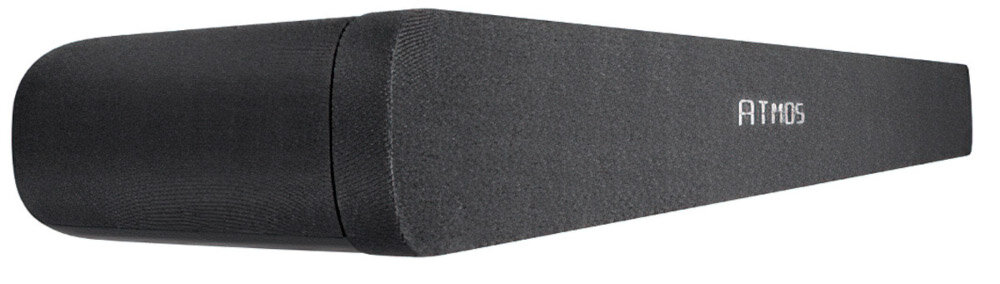 Czarny soundbar z widocznym napisem \'ATMOS\' na przednim panelu. Urządzenie ma prostokątny kształt z zaokrąglonymi krawędziami.