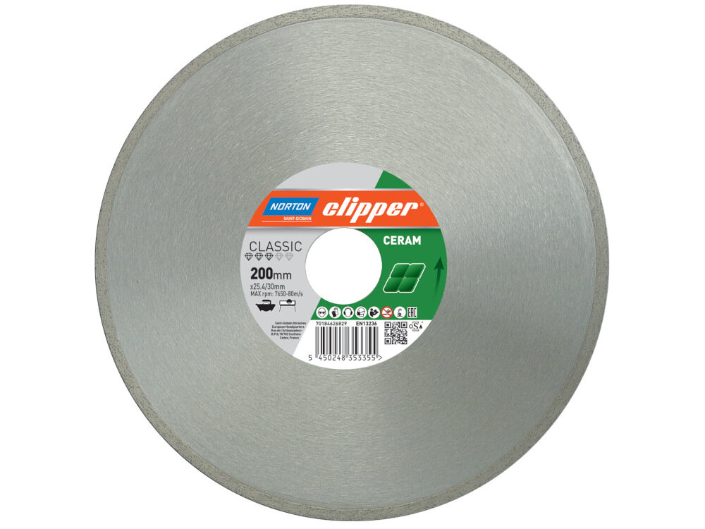Tarcza do cięcia NORTON Clipper Classic Ceram 70184626829 200 mm tarcza tnąca do cięcia na mokro i sucho płytek ceramicznych maksymalna prędkość obrotowa do 7650 obr/min