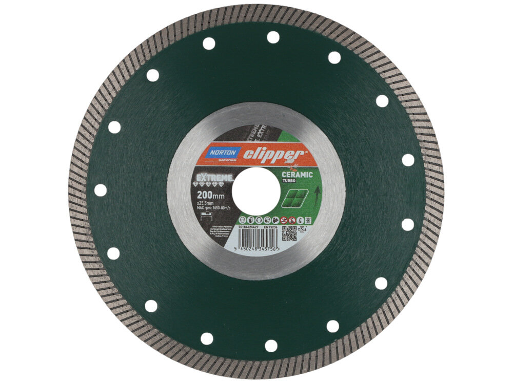 Tarcza do cięcia NORTON Clipper Extreme Ceram Turbo 70184625427 200 mm do cięcia twardych płytek ceramicznych maksymalna prędkość obrotowa do 7650 obr/min pewne szybkie cięcie