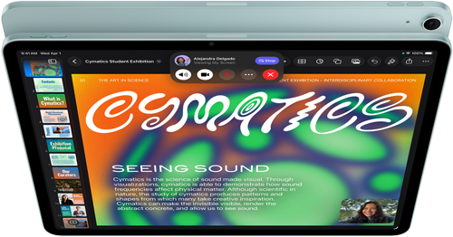 Tablet z wyświetlaczem pokazującym kolorową grafikę z napisem \'Cymatics\' oraz tekstem \'Seeing Sound\'. Na ekranie widoczne są również ikony aplikacji i zdjęcie osoby w rogu.