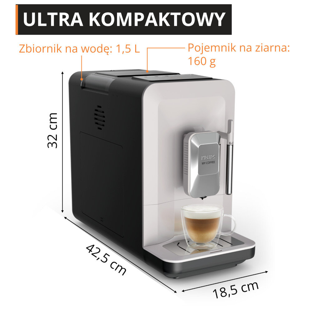 Ekspres do kawy w kolorze beżowym z napisem \'KRUPS My Coffee\' na przednim panelu. Wymiary urządzenia to 32 cm wysokości, 42,5 cm głębokości i 18,5 cm szerokości, z pojemnikiem na wodę o pojemności 1,5 L i pojemnikiem na ziarna o pojemności 160 g.