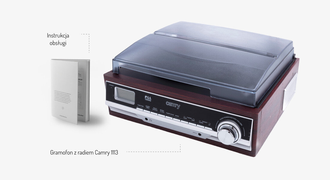 Na obrazie znajduje się gramofon z radiem Camry 1113 w kolorze brązowym z przezroczystą pokrywą oraz instrukcja obsługi. Widoczny jest panel z pokrętłami i wyświetlaczem, a na gramofonie znajduje się napis \'Camry\'.